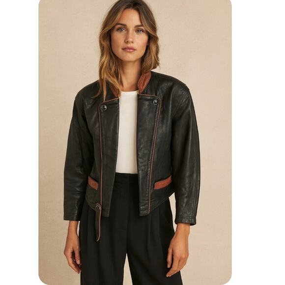 Vintage Jackets & Blazers - Vintage Butter Soft Black Leather Moto Jacket Brown Trim Quiet Luxury Minimalist